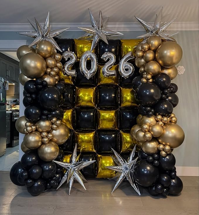 Black Gold Square Foil Balloon Wall,25Pcs Double Sided Balloon Backdrop Helium Balloons Tunnel Arch Garland Kit for 2026 New Year Eve Graduation Birthday Anniversary Party Decorations