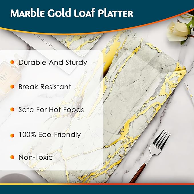 Elegant Marble Gold Loaf Rectangular Disposable Paper Platter - 16" x 7" (Pack of 3) - Perfect for Serving Bread, Cakes, & Desserts at Special Events