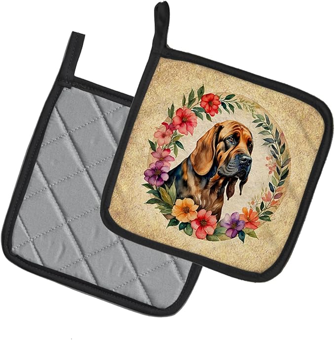Caroline's Treasures Bloodhound and Flowers Pair of Pot Holders Kitchen Heat Resistant Pot Holders Sets Oven Hot Pads for Cooking Baking BBQ, 7 1/2 x 7 1/2