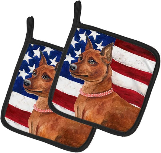Caroline's Treasures BB9656PTHD Miniature Pinscher Patriotic Pair of Pot Holders Kitchen Heat Resistant Pot Holders Sets Oven Hot Pads for Cooking Baking BBQ, 7 1/2 x 7 1/2