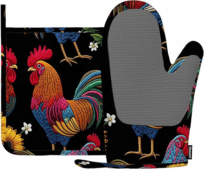 Mxocom Rooster Heat-Resistant Oven Mitts and Pot Holder Beautiful Classical Embroidery Chicken Rooster and Sunflowers Kitchen Non-Slip Cooking Microwave Gloves for Cooking Baking Grilling