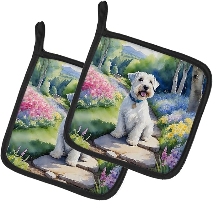Caroline's Treasures Sealyham Terrier Spring Path Pair of Pot Holders Kitchen Heat Resistant Pot Holders Sets Oven Hot Pads for Cooking Baking BBQ, 7 1/2 x 7 1/2