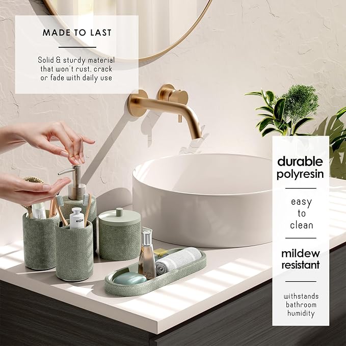 Clara Clark Sage Green Bathroom Set - Bathroom Accessories Set, 19PC Bathroom Accessory Set, Bathroom Sets with Shower Curtain Set, Soap Dispenser & Toothbrush Holder