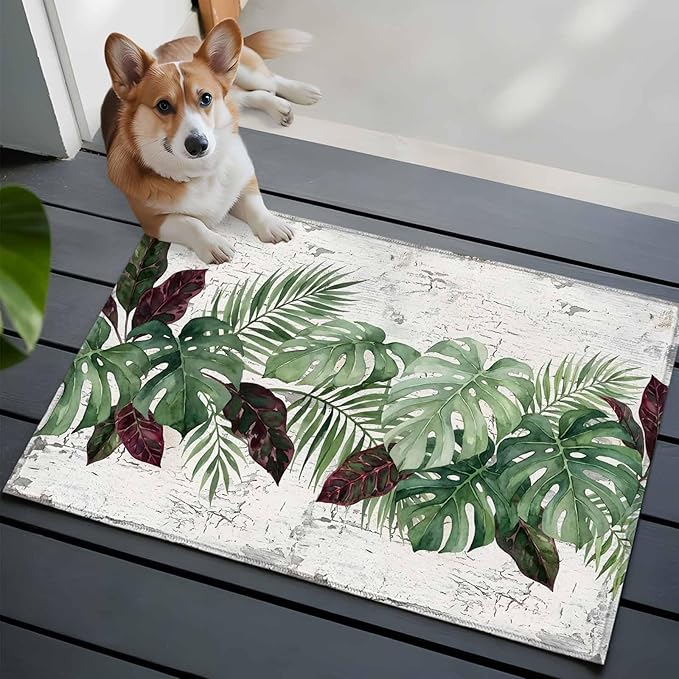 Area Rug 2x3ft, Summer Green Monstera Palm Leaves Washable Rugs for Living Room Bedroom, Vintage Botantical Soft Non-Slip Area Rugs Rectangle Floor Carpet for Dining Room