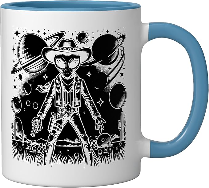 Alien Lover Flying Saucer UFO Extraterrestrial Cowboy Ceramic Mug, Blue/White