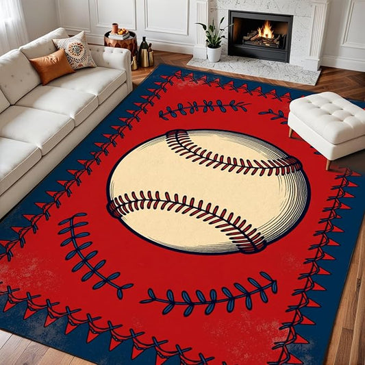 8x10 Area Rugs for Bedroom Boho Washable Man Cave Rug for Living Room Vintage Baseball Stitched Laces Red Sports Soft Rubber Backed Non-Slip Large Carpets for Boys