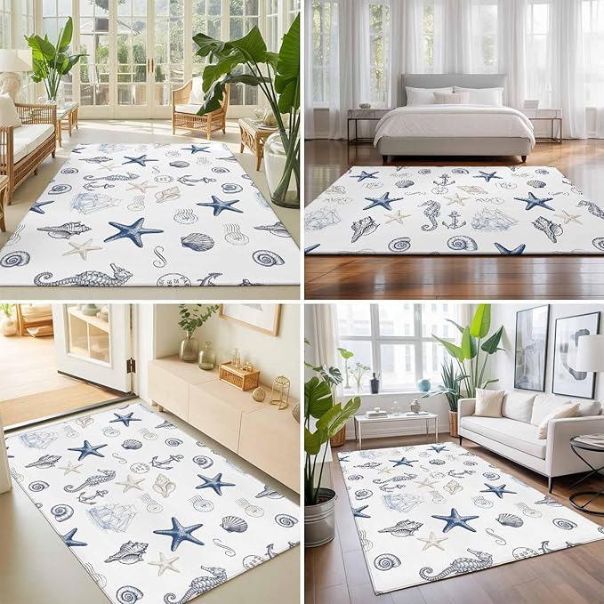 Area Rug 4x6ft, Ocean Starfish Seahorse Shell Conch Washable Rugs for Living Room Bedroom, Nautical Compass Anchor Soft Non-Slip Area Rugs Rectangle Floor Carpet for Dining Room