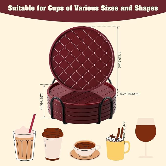Coasters Set of 6,Hot or Cold Drink Coasters with Holder,Modern Style Coffee Table Coaster,Suitable for Kinds Cups Beer,Drink,Anti-Overflow Tabletop Protection(Wine red, 6pcs)