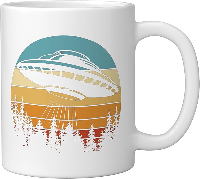 Alien UFO Flying Saucer Abduction Retro Ceramic Mug, White
