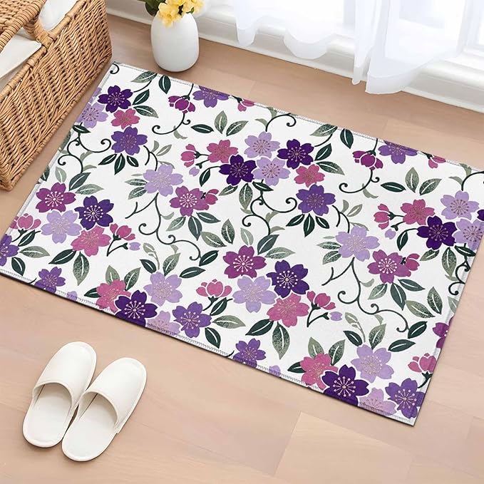 Area Rug 2x3ft, Country Purple Pink Flower Green Leaf Washable Rugs for Living Room Bedroom, Pastoral Floral Plant Soft Non-Slip Area Rugs Rectangle Floor Carpet for Dining Room