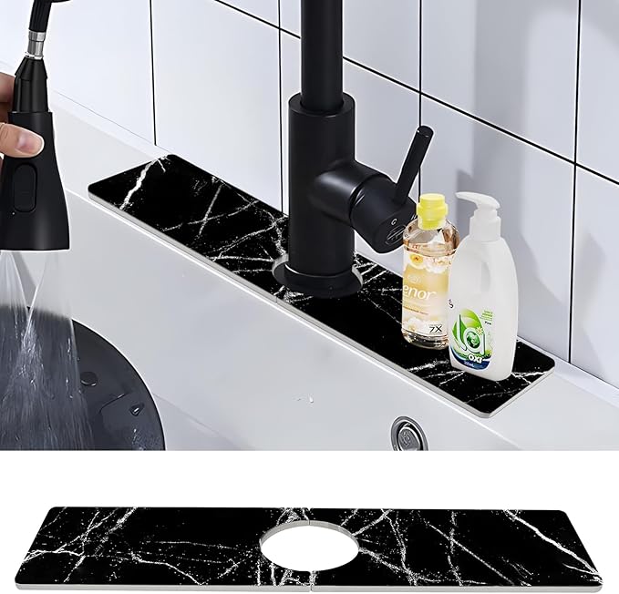 Kitchen Sink Splash Guard - Kitchen Faucet Mat, Diatomaceous Earth Kitchen Sink, Faucet Handle Drip Catcher, Bathroom Sink Faucet Mat for Countertop (15.75 * 3.93 in, Black)