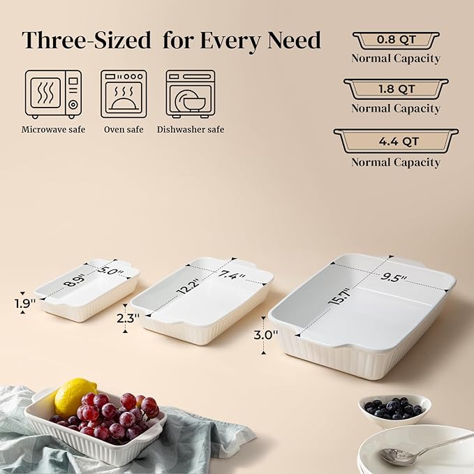 DOWAN Ceramic Baking Dishes, Set of 3 (15.6"/12.2"/8.9")