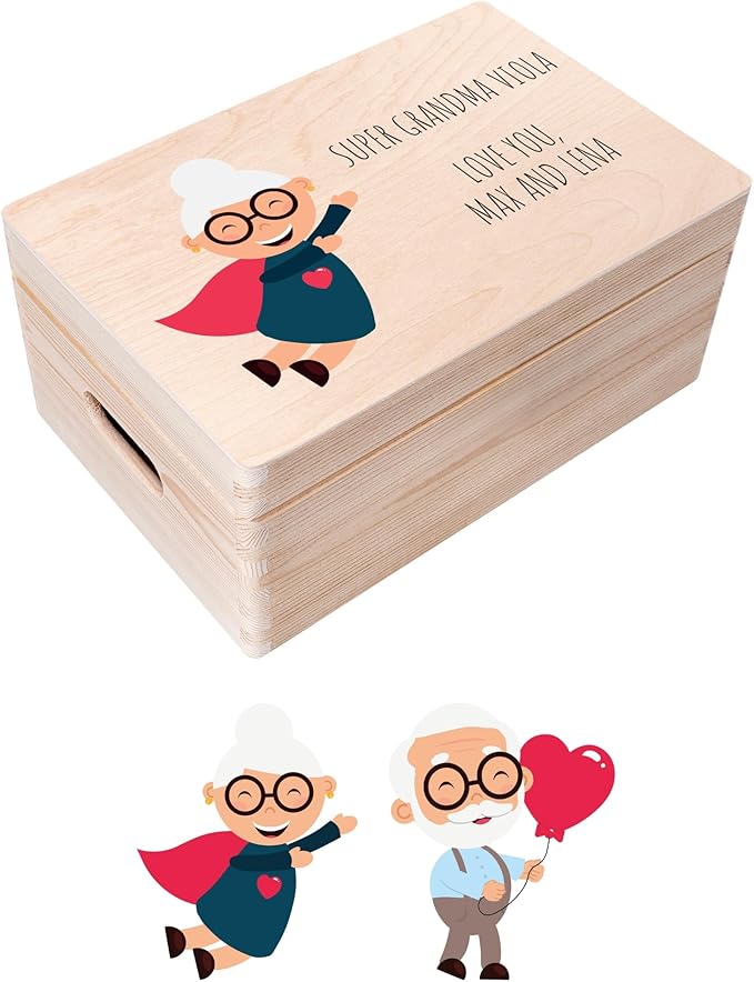 Creative Deco Personalized Wooden Storage Box Grandparent's Day Box | 11.8x7.87x5.51in (+-0.5) | Hinged Lid Handle Engraving | Unpainted Gift Box | Rough UNSANDED Keepsake Memory Souvenir Chest