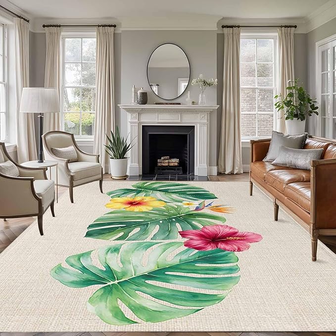 Area Rug 8x10ft, Country Monstera Hibiscus Foliage Washable Rugs for Living Room Bedroom, Tropical Plant Vintage Linen Soft Non-Slip Area Rugs Rectangle Floor Carpet for Dining Room