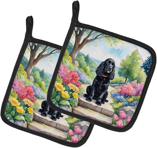 Caroline's Treasures Cocker Spaniel Spring Path Pair of Pot Holders Kitchen Heat Resistant Pot Holders Sets Oven Hot Pads for Cooking Baking BBQ, 7 1/2 x 7 1/2