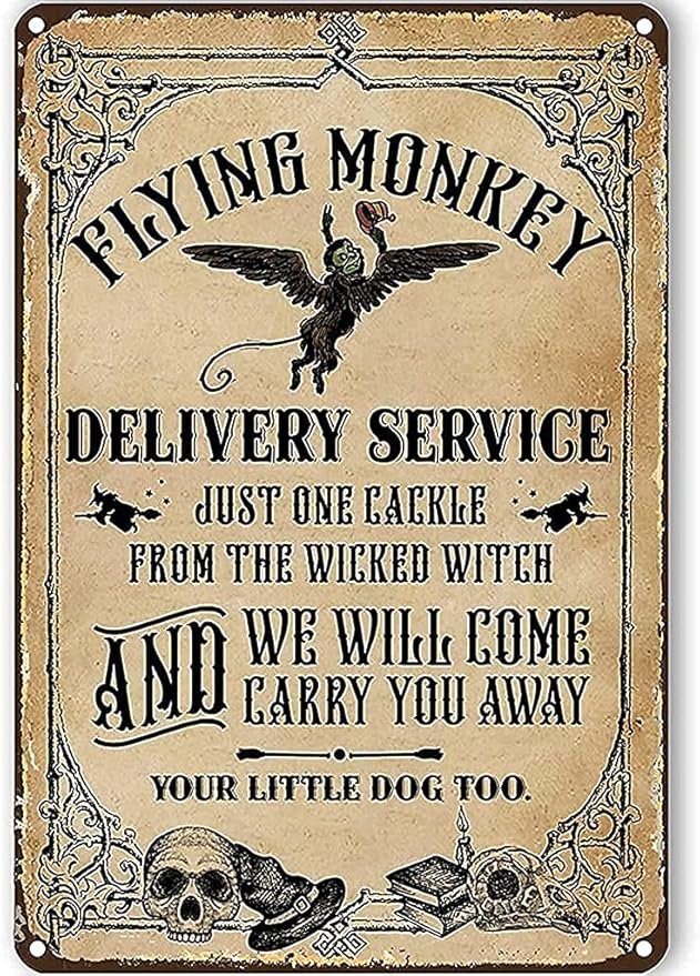 Funny Tin Sign Witch Wall Art A Flying Monkey Delivery Witch Decor Bar Cafe Living Room Kitchen Home Decoration 12x16 Inches
