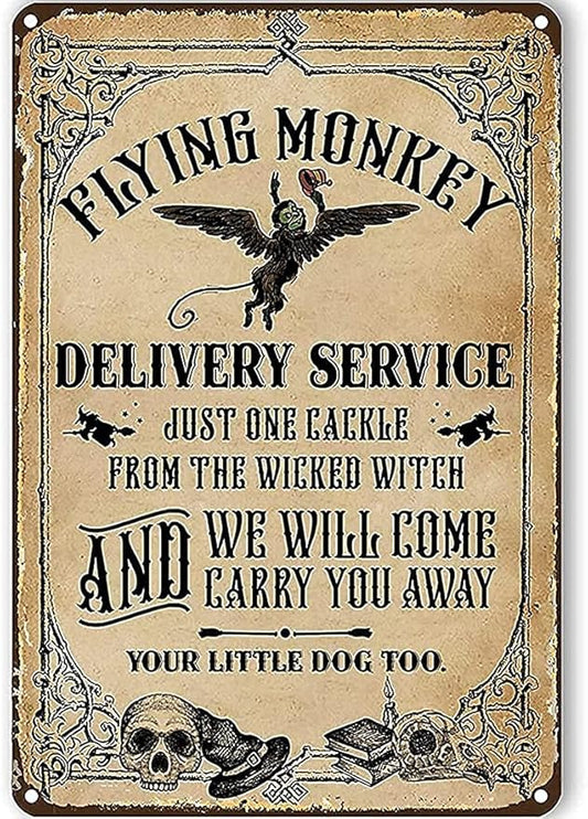 Funny Tin Sign Witch Wall Art A Flying Monkey Delivery Witch Decor Bar Cafe Living Room Kitchen Home Decoration 8x6 Inches
