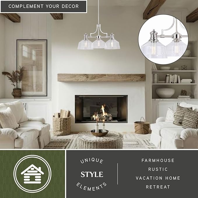 VAXCEL Beloit 3 Light Satin Nickel Farmhouse Chandelier Clear Glass