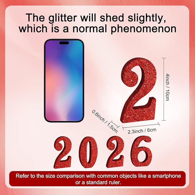 TONIFUL 4 Inch 2026 Red Glitter Table Centerpiece Sign 2026 Number Word Sign,2026 Wooden Numbers Block for New Year Eve,Graduation,Chrismas,Anniversary Party Supplies