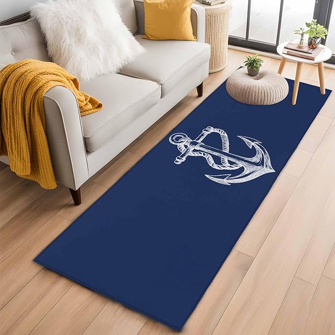 Runner Rug for Bedroom Hallway, Marine Theme Anchor String Sketch Kitchen Runner Rugs Area Rug 2x6ft, Watercolor Nautical Theme Washable Soft Floor Carpet for Entryway Stair
