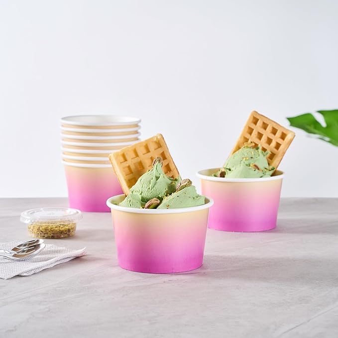 Restaurantware Paper Cups 200 Count 8 Ounce Square Disposable Ice Cream Containers, Leak-Resistant Paper Dessert To Go Cups, Hot And Cold Food, Durable Purple and Yellow Ombre Design