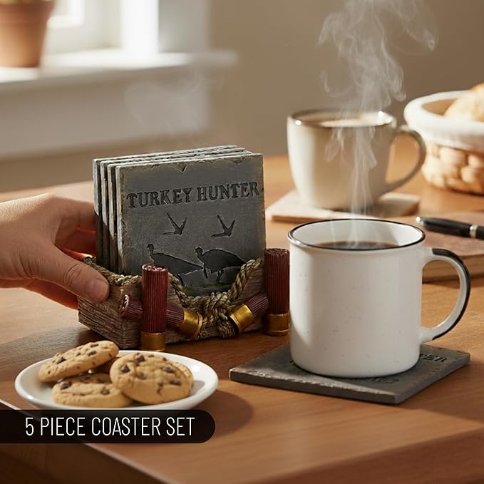 Pine Ridge Buckshot Absorbent Coaster Set with Holder - Table Coasters Home Decors for Drinks - Rustic Turkey Hunter Country Coaster Decoration