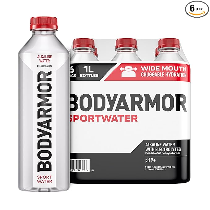 BODYARMOR SportWater Alkaline Water, High Alkaline Bottled Water, pH 9+, 1 Liter (6 Pack), Refreshing Electrolyte Water Pack, Wide Mouth Bottle