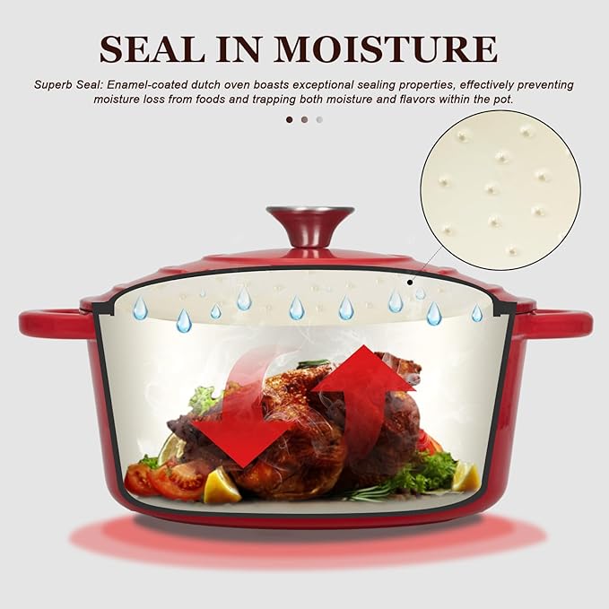 Overmont Enameled Cast Iron Dutch Oven - 7QT Pot with Lid Cookbook & Cotton Potholders - Heavy-Duty Cookware for Braising, Stews, Roasting, Sourdough Baking red