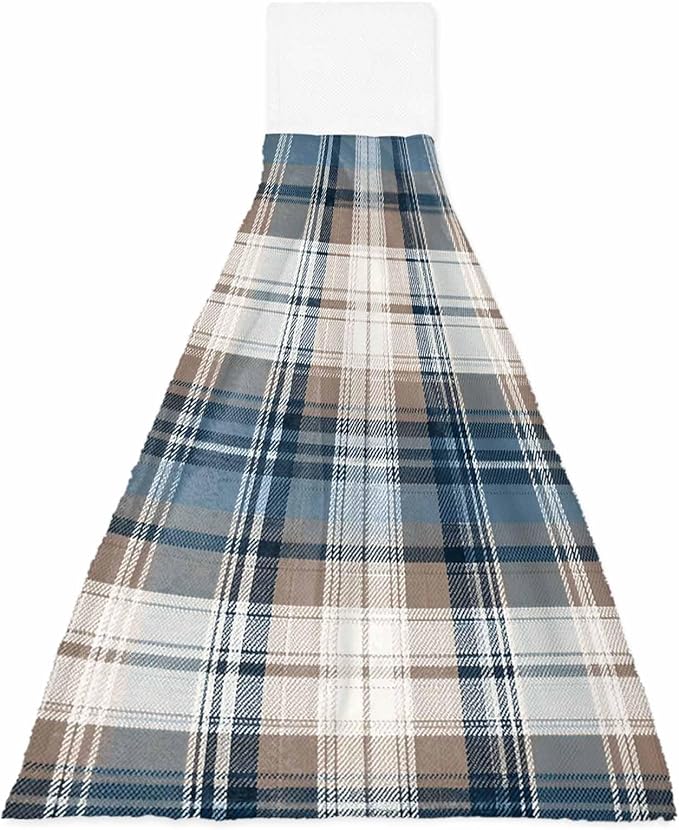 Alandar Home Kitchen Tie Towel Set of 1, Vintage Geometric Plaid Absorbent Soft Hand Towels for Bathroom Hanging Towels, Blue Brown Color Block Fast Drying Cleaning Cloth with Loop