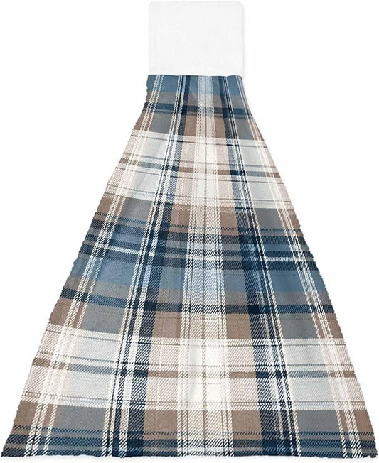 Alandar Home Kitchen Tie Towel Set of 1, Vintage Geometric Plaid Absorbent Soft Hand Towels for Bathroom Hanging Towels, Blue Brown Color Block Fast Drying Cleaning Cloth with Loop