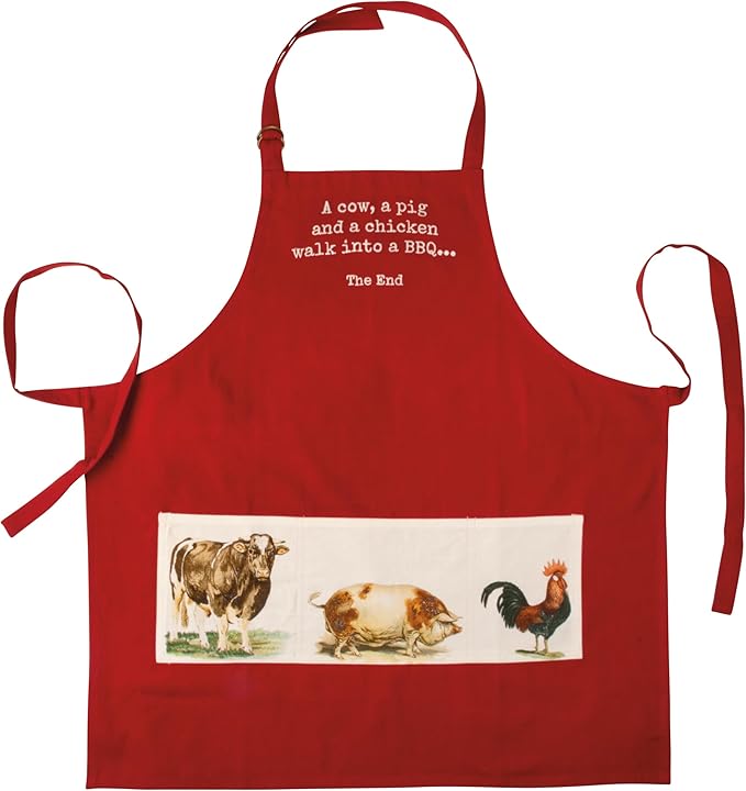 Primitives by Kathy Funny Cooking & Grilling Apron with Pockets, 100% Cotton, Vintage Farm Animal Design, Embroidered Sentiment, Adjustable Neck and Waist, Machine Washable, Red