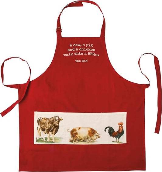 Primitives by Kathy Funny Cooking & Grilling Apron with Pockets, 100% Cotton, Vintage Farm Animal Design, Embroidered Sentiment, Adjustable Neck and Waist, Machine Washable, Red