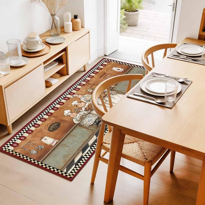 Runner Rug for Bedroom Hallway, Farmhouse Cartoon Chef Kitchen Runner Rugs Area Rug 2x6ft, Cooking Theme Black White Checkered Washable Soft Floor Carpet for Entryway Stair