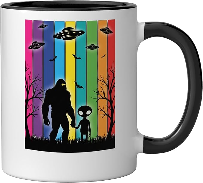 Bigfoot Holding Hands With Alien Ufo Rainbow Sci Fi Ceramic Mug, Black/White