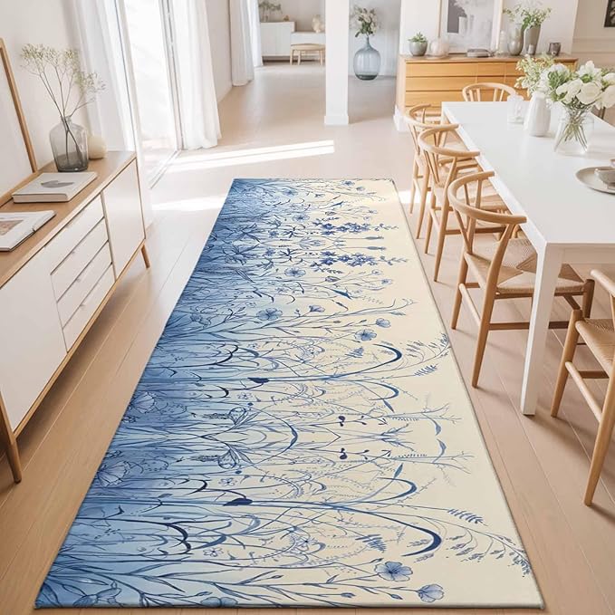 Runner Rug for Bedroom Hallway, Vintage Boho Blue Wildflowers Meadow Kitchen Runner Rugs Area Rug 2x6ft, Abstract Flower Washable Soft Floor Carpet for Entryway Stair