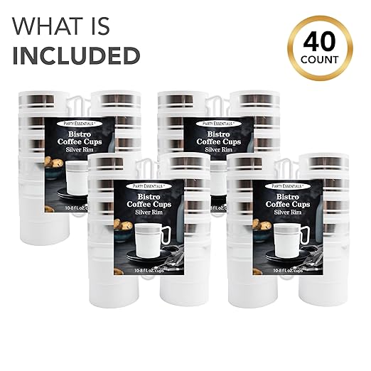 Party Essentials Bistro Hard Plastic Coffee Cup/Tea Mug w/Handle, 40 Count, 8-Ounce, White with Silver Rim