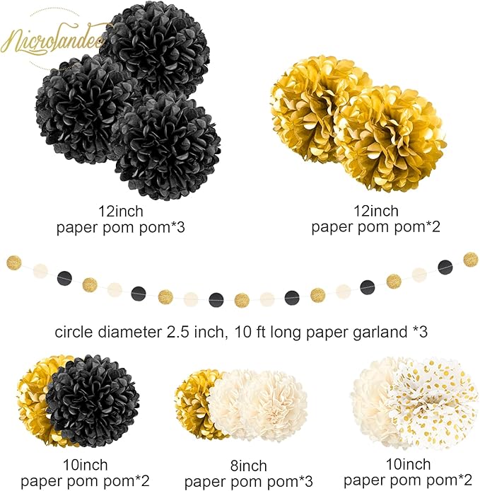 NICROLANDEE Black Gold Party Decorations, 15 PCS Tissue Paper Pom Poms Kit for 2026 Graduation Party Decor, Wedding, Birthday, Engagement, Paper Garland Flower Ball Ceiling Wall Decor