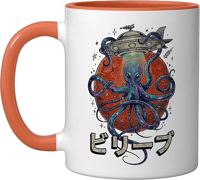 Retro Vintage Japanese Octopus Kraken Alien Planet Galaxy Ceramic Mug, Orange/White