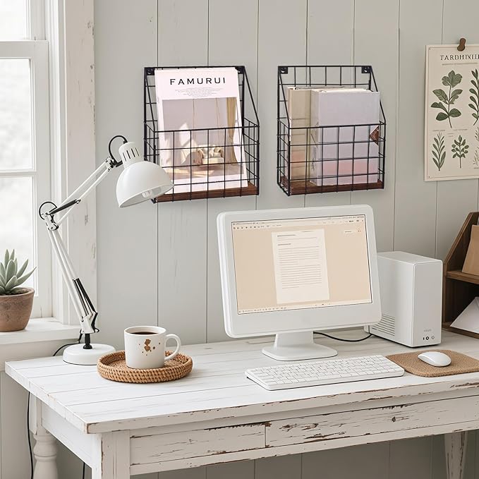 Mail Holder Magazine Basket - 2 Pack Black Wall Mount File Organizer Rack of Wooden Style with Adhesive Mounting - Metal Wire Hanging Sorter for Document Folders Newspaper Clipboard Brochure Display