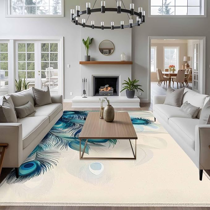 Area Rug 6x9ft, Abstract Animal Art Peacock Feather Washable Rugs for Living Room Bedroom, Watercolor Blue Eyes Beige Soft Non-Slip Area Rugs Rectangle Floor Carpet for Dining Room
