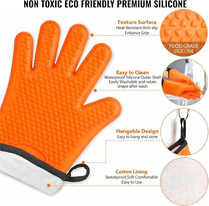 Cotton Lined Silicone Oven & BBQ Gloves, 450°F Heat Resistant Waterproof & Non-Slip Mitts for Baking, Cooking, Grill, Smoker & Fryer Use, Universal Size, 1 Pair (Orange)