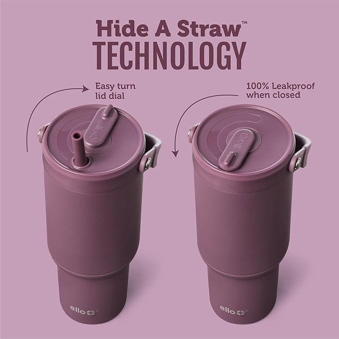 Ello Oasis Go+ 32oz Tumbler with Top Handle and Retracting Straw | Reusable Insulated Stainless Steel Cup, 100% Leakproof Water Bottle, 24 Hours Cold, Cup Holder Friendly For Travel | Wild Rasberry