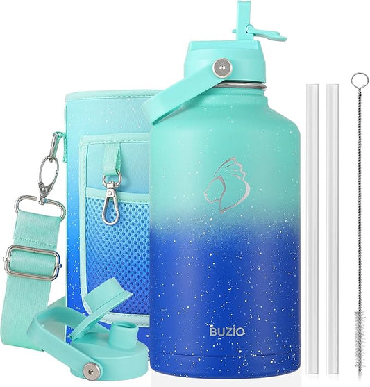BUZIO 64oz Insulated Water Bottle with Straw Lid and Spout Cap, Stainless Steel Powder-Coat Water Flask, Keep Beverage Cold for 48 Hrs Hot for 24 Hrs Simple Thermo Canteen Mug, Starry Gradient Blue