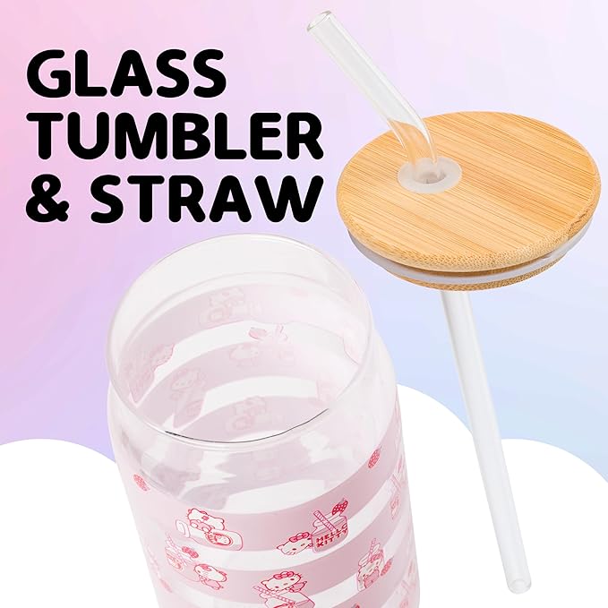 Silver Buffalo Sanrio Hello Kitty Strawberry Milk Pink Glass Jar Tumbler with Bamboo Lid and Glass Straw, 16 Ounces