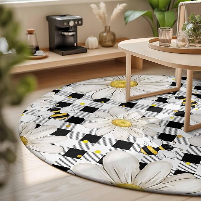 Washable Round Area Rug Farmhouse Blossom Flower Bee Circle Rugs Floor Carpet for Living Room Bedroom, Spring Daisy Black White Plaid Soft Non Slip Round Rug 3ft