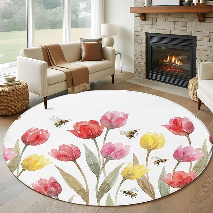 Washable Round Area Rug Red Pink Yellow Tulips Bees Circle Rugs Floor Carpet for Living Room Bedroom, Watercolor Flower Leaves Soft Non Slip Round Rug 5ft
