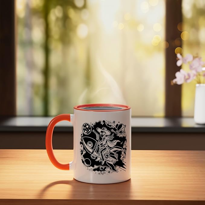 Alien Lover Flying Saucer UFO Extraterrestrial Cowboy Ceramic Mug, Orange/White