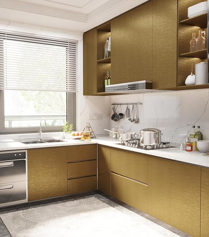 Matte Gold Brass Color Contact Paper 23.7 x 393.7 Inches Peel and Stick Wallpaper for Kitchen Cabinet Countertop Fridge Cover Home Decoration Vinyl Self Adhesive Waterproof Removable