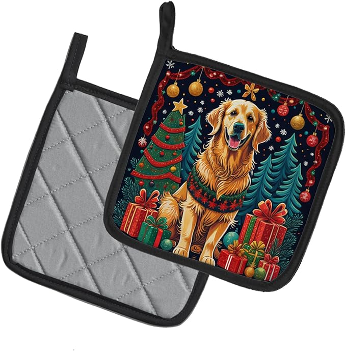 Caroline's Treasures Golden Retriever Christmas Pair of Pot Holders Kitchen Heat Resistant Pot Holders Sets Oven Hot Pads for Cooking Baking BBQ, 7 1/2 x 7 1/2