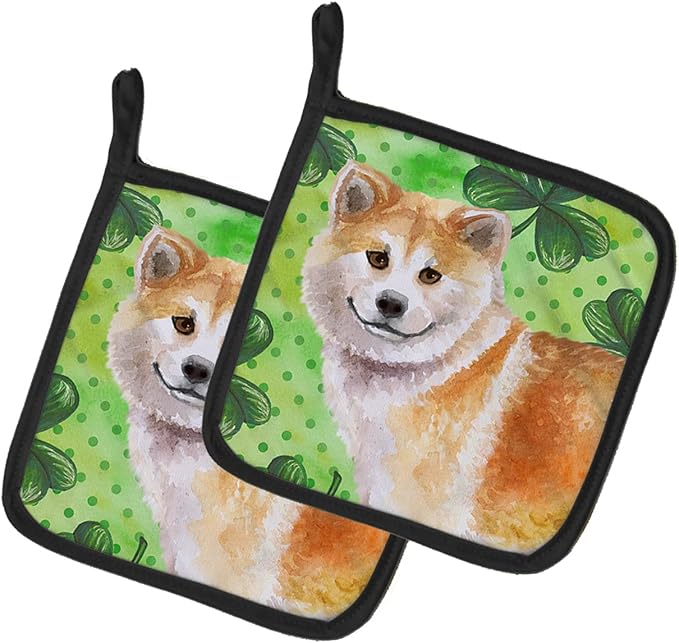Caroline's Treasures BB9852PTHD Shiba Inu St Patrick's Pair of Pot Holders, Green Kitchen Heat Resistant Pot Holders Sets Oven Hot Pads for Cooking Baking BBQ, 7 1/2 x 7 1/2